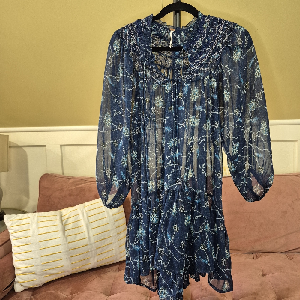 Free People Blue Floral Long Sleeve Sheer Dress
